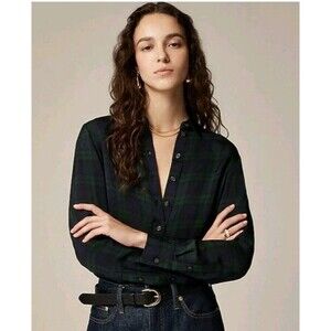 J.Crew Drapey Button-Up Shirt in Black Watch Tartan Cooper Green Blue Size S NWT